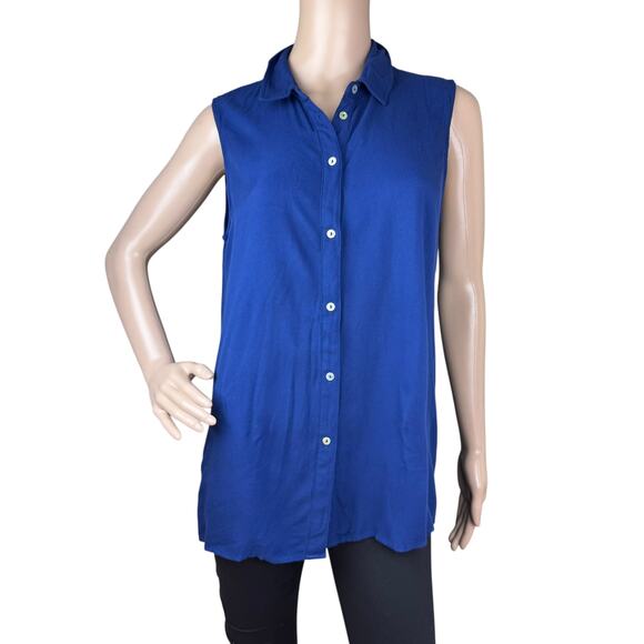 Fever Size M Blue Sleeveless Button Up Blouse Collared High-Low Asymmetric Hem - Picture 1 of 7
